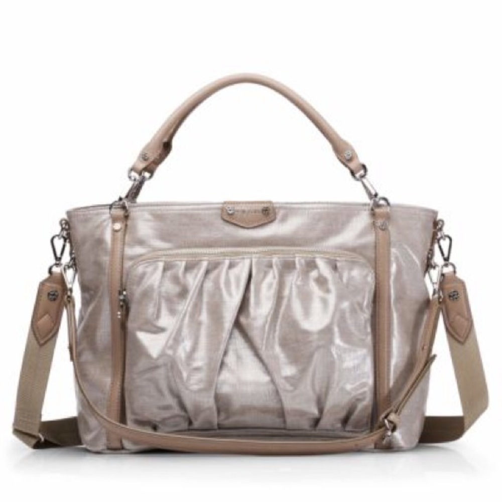 MZ Wallace Nikki linen silver metallic glazed tote